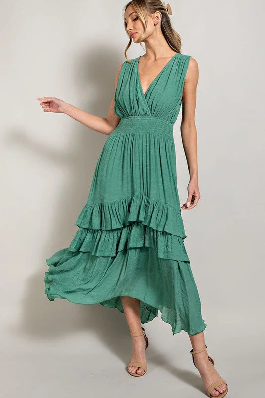 Sleeveless V-Neck Tiered Casual Maxi Dress Comfortable Ruffle Maxi Dress