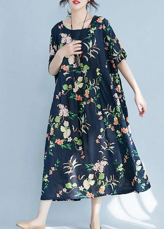 Elegant navy print cotton pattern o neck baggy Maxi Dress Comfortable Plunging Neckline Maxi Dress