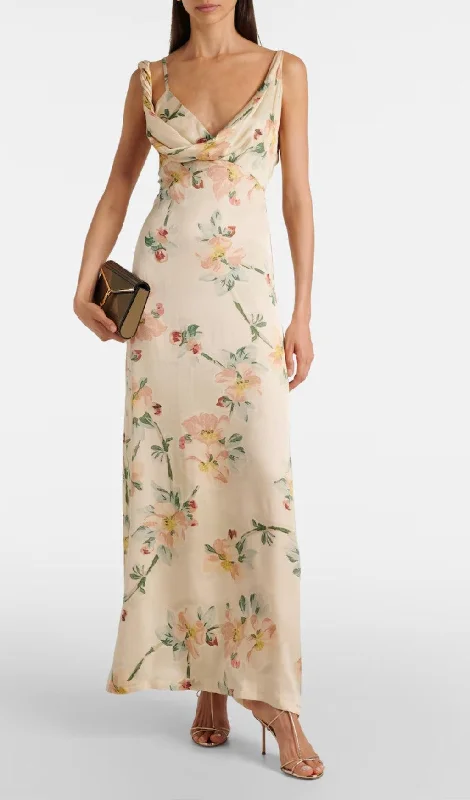 FLORAL DRAPED MAXI DRESS Stylish Off-Shoulder Maxi Dress