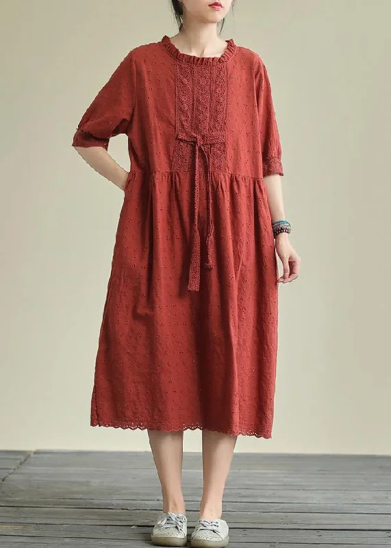 French o neck tie waist cotton summer clothes Neckline red Maxi Dresses Cozy Ruffle Sleeve Maxi Dress