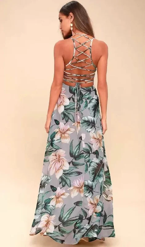 Grey Floral Print Lace-Up Maxi Dress Chic Summer Maxi Dress