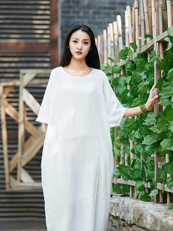 Handmade white cotton linen clothes For Women o neck half sleeve Maxi Dress Elegant Maxi Dress with Slit