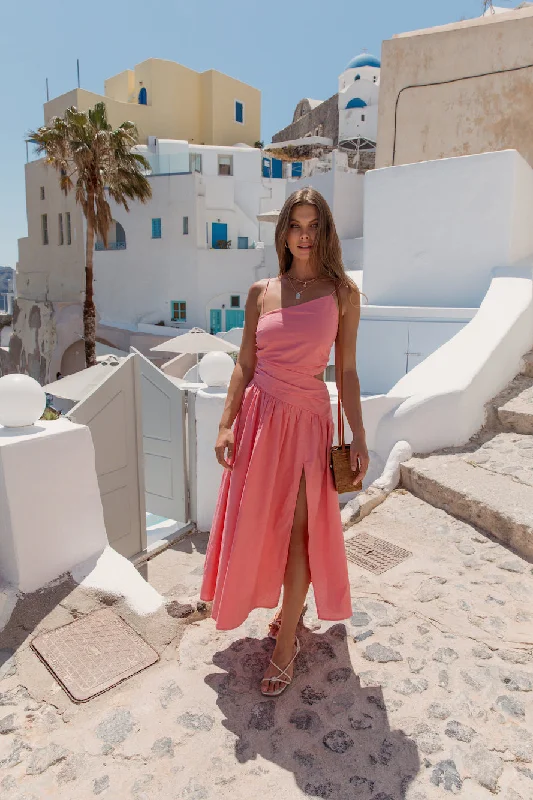 HELLO MOLLY Walks By The Sunrise Maxi Dress Coral Elegant Maxi Dress with Lace