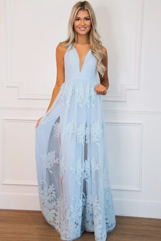 Here Comes the Bride Maxi Dress: Light Blue Cozy Ruffle Sleeve Maxi Dress