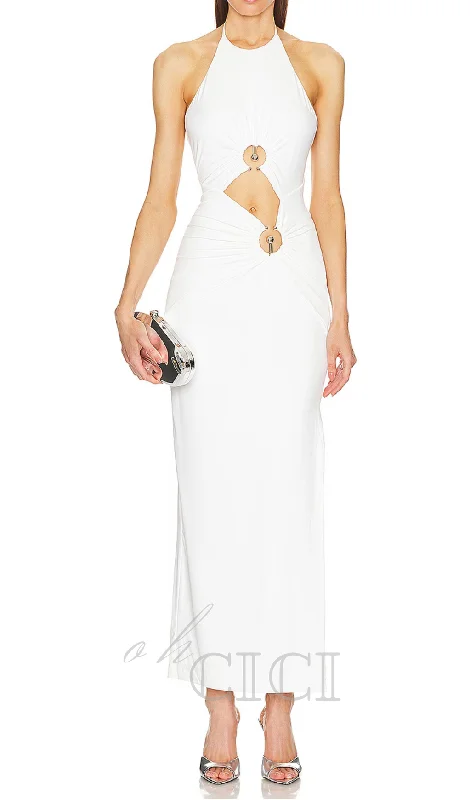 hollow cut out slit halter maxi dress in white Comfortable Bohemian Maxi Dress