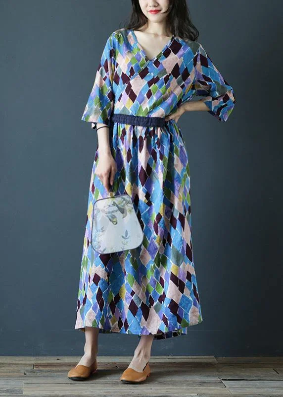 Loose v neck drawstring cotton summer dresses Sleeve plaid Maxi Dresses Stylish Maxi Dress with Pleats