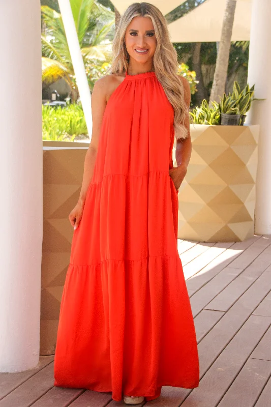 Make an Entrance Halter Maxi Dress: Tangerine Comfortable Fit-and-Flare Maxi Dress