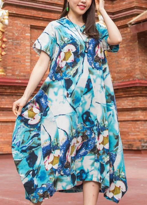 Natural v neck asymmetric cotton quilting Outfits light blue print Maxi Dress summer Elegant Maxi Dress with Belt