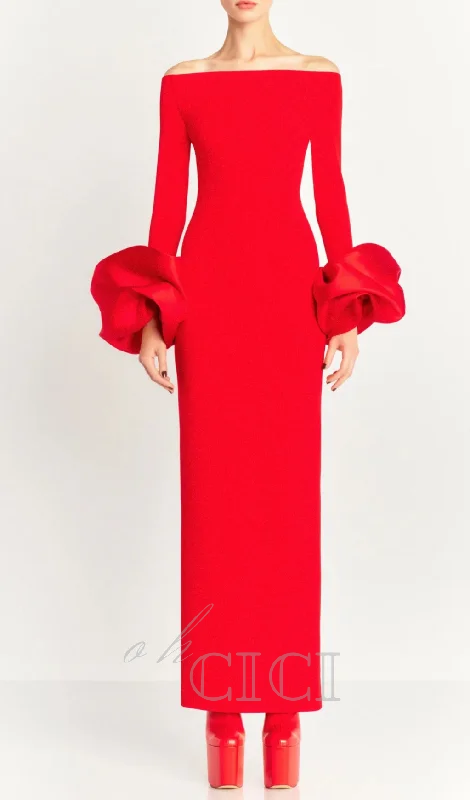 Olindan Off Shoulder Maxi Dress in Red Cozy Ruffle Sleeve Maxi Dress