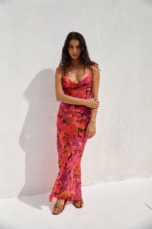 RUNAWAY THE LABEL Bad Romance Sheer Maxi Dress Pink Floral Comfortable Plunging Neckline Maxi Dress