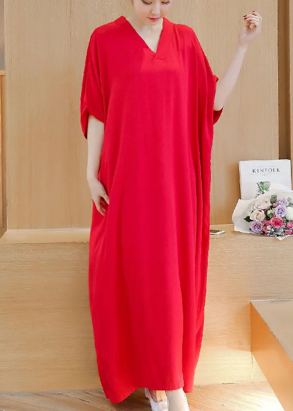 Simple v neck baggy cotton summer quilting dresses Runway rose Maxi Dress Fashionable Asymmetrical Maxi Dress