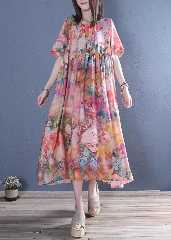 Style o neck Cinched cotton tunic dress Fashion pink print Maxi Dress Comfortable Ruffle Hem Maxi Dress