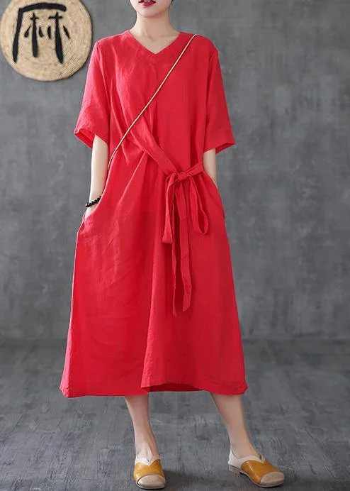 Unique red linen clothes v neck Maxi Dress Trendy A-Line Maxi Dress