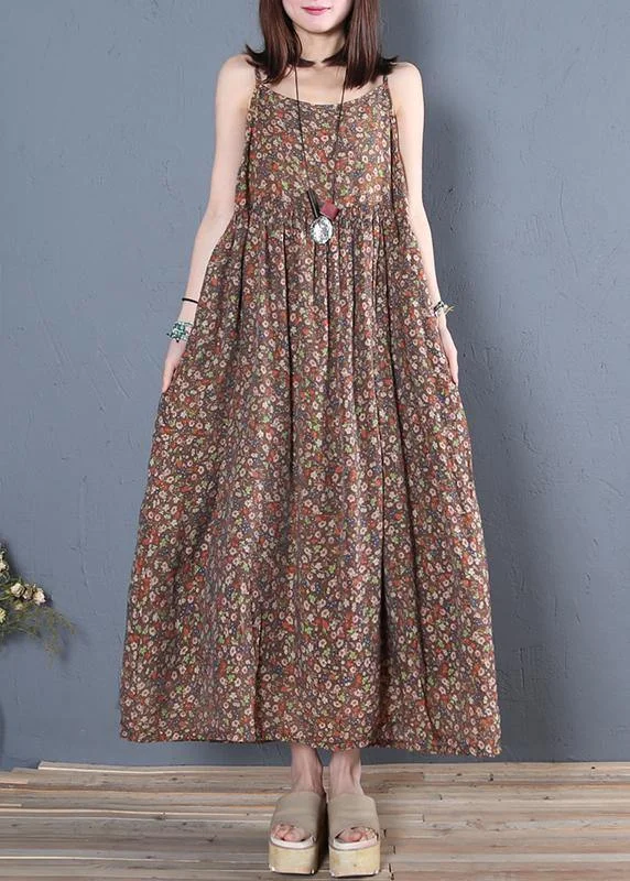 Unique Spaghetti Strap Cinched cotton summer dresses pattern chocolate print Maxi Dress Fashionable Chiffon Tiered Maxi Dress