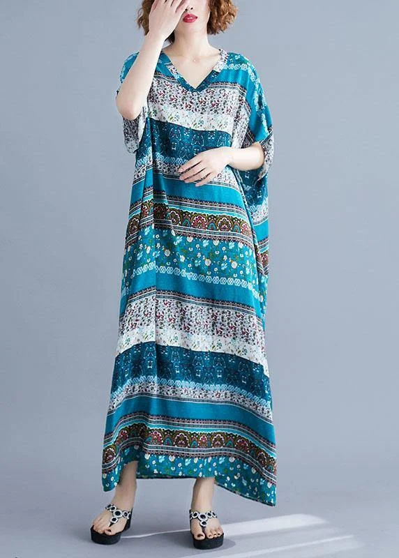 Vivid v neck short sleeve cotton quilting clothes blue print Maxi Dresses Stylish Maxi Dress with Pleats