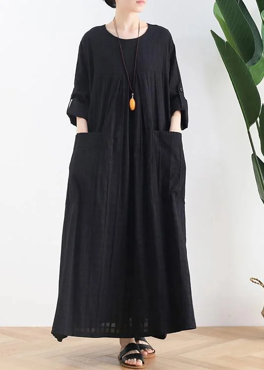 Women black cotton quilting dresses o neck Batwing Sleeve Maxi Dresses Elegant Maxi Dress with Lace