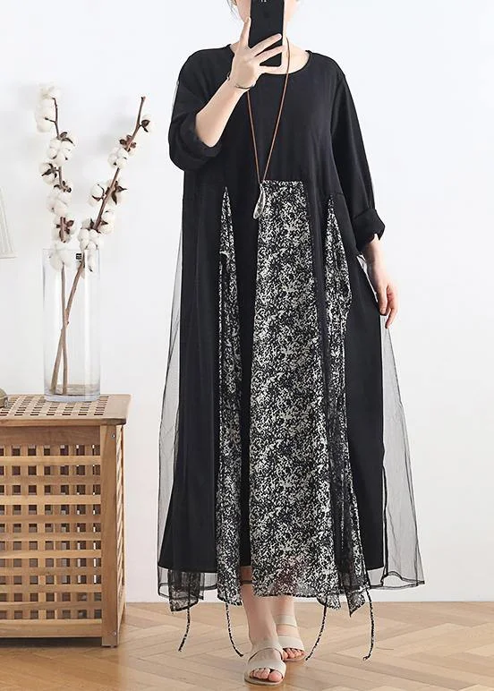 Women o neck clothes Women Tutorials black patchwork print Maxi Dresses Fashionable Chiffon Maxi Dress