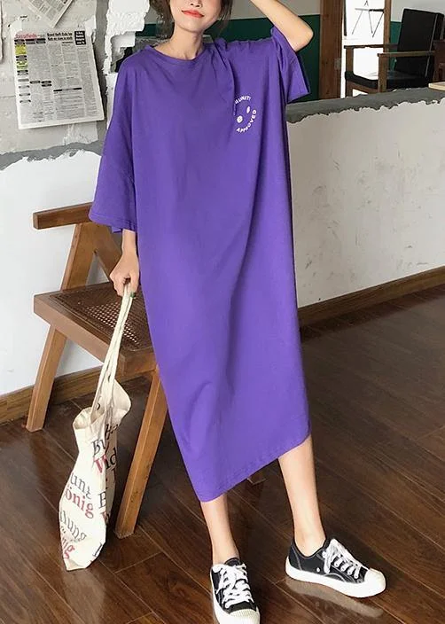 Women o neck cotton clothes pattern purple Maxi Dress summer Elegant Maxi Dress with Belt