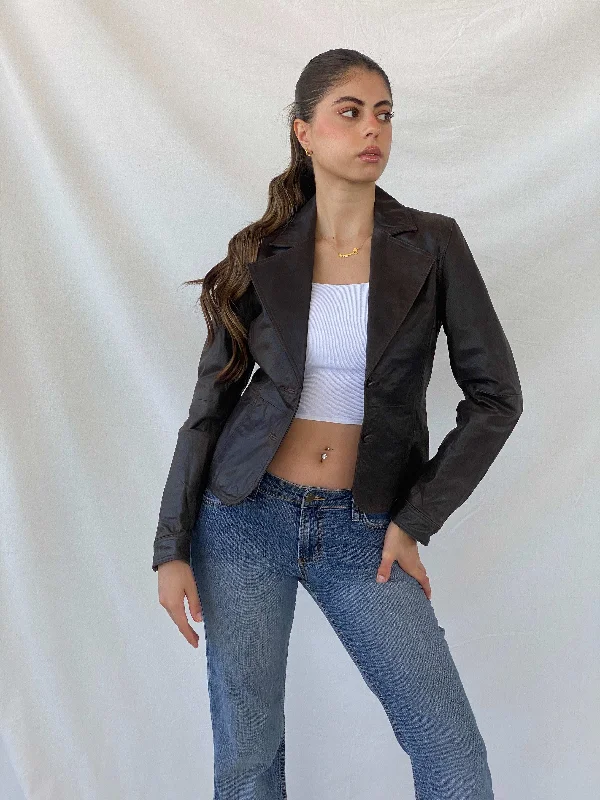 00s Clock House Brown Genuine Leather Blazer Jacket - S Front Pockets Side Pockets Patch Pockets
