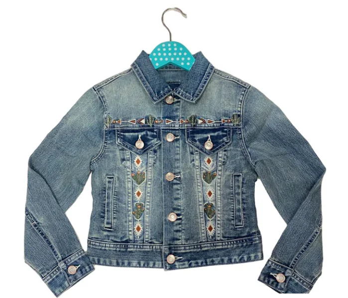 Girls Grace Cactus Embroidered Denim Jacket Mesh Jacket Canvas Jacket Denim Jacket