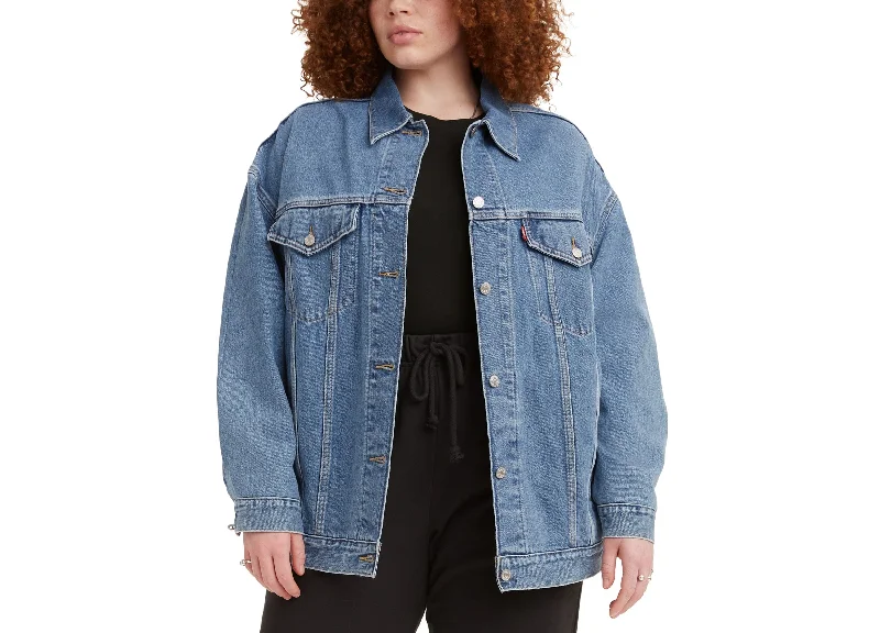 Trendy Plus Size Cotton Baggy Trucker Jacket One-Shoulder Jacket Off-the-Shoulder Jacket Asymmetrical Jacket