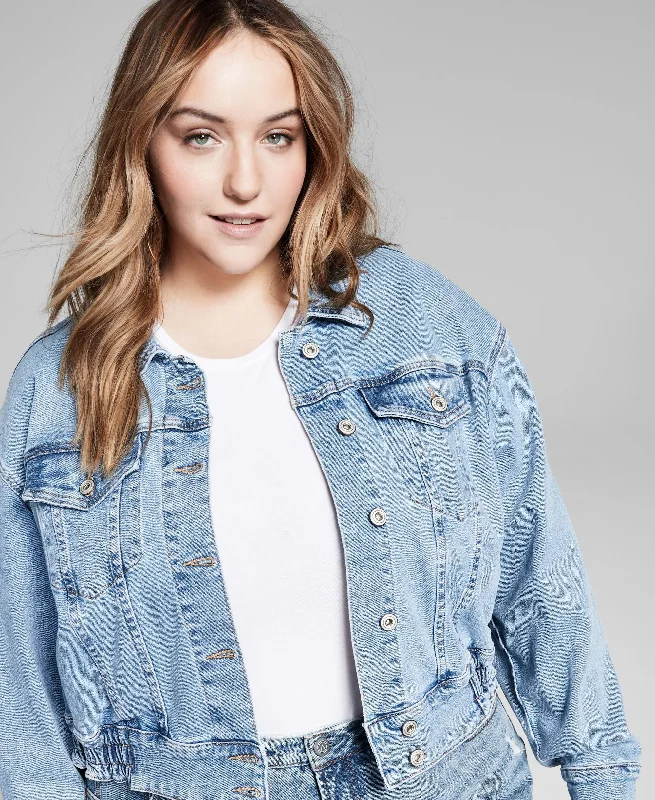 Now This Trendy Plus Size Ruched Back Jean Jacket Denim Fabric Leather Fabric Suede Fabric