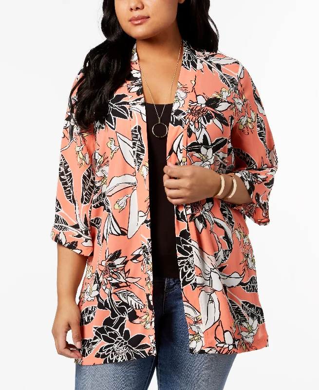 NY Collection Plus Size Printed Kimono Jacket Oversized Jacket Tailored Jacket Straight Jacket