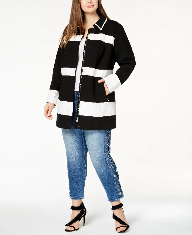 Plus Size Mixed Media Striped Jacket Cotton Jacket Linen Jacket Terry Jacket