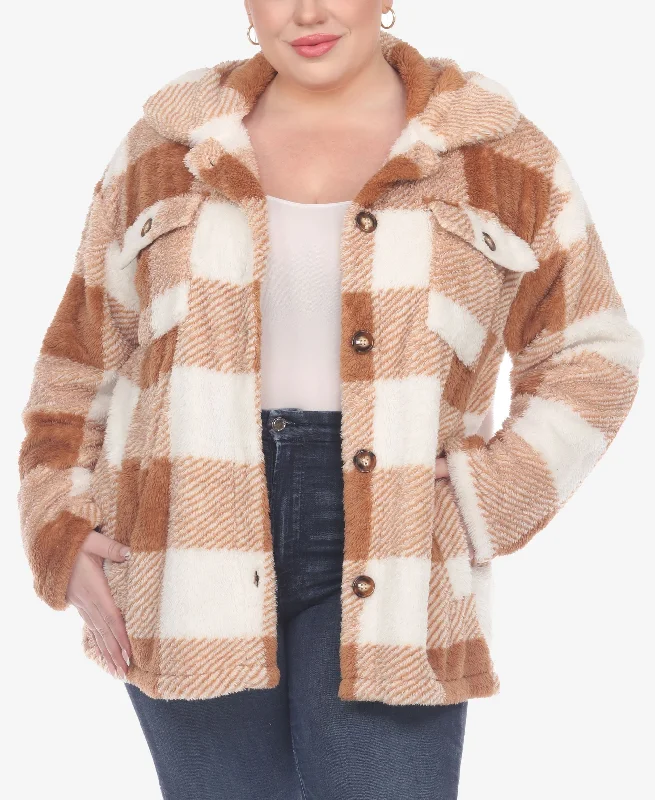 Plus Size Plaid Shacket Jacket Notch Collar Peter Pan Collar Cowl Neck