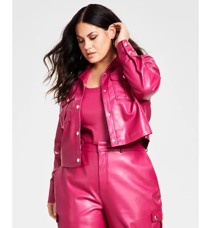 Plus Size Pleather Chest-Pocket Utility Jacket Welt Pockets Slit Pockets Flap Pockets