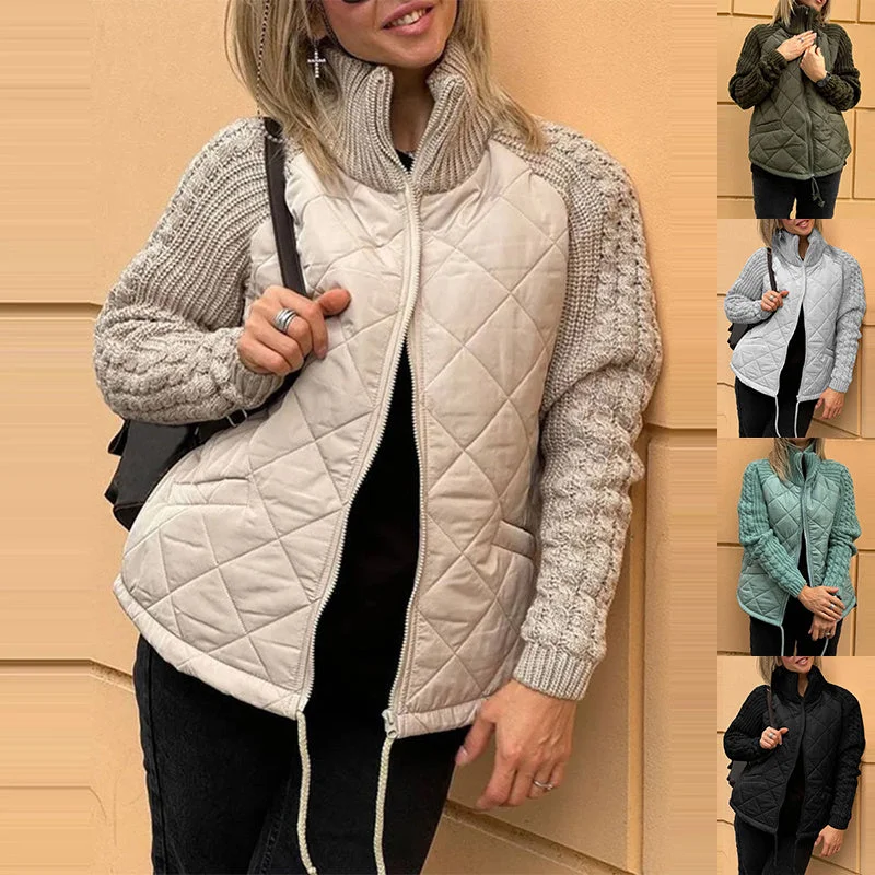 Stand Collar Cotton Jacket With Pockets Fashion Knitted Stitching Zipper Coat Winter Warm Tops For Women Notch Collar Jacket Peter Pan Collar Jacket Cowl Neck Jacket