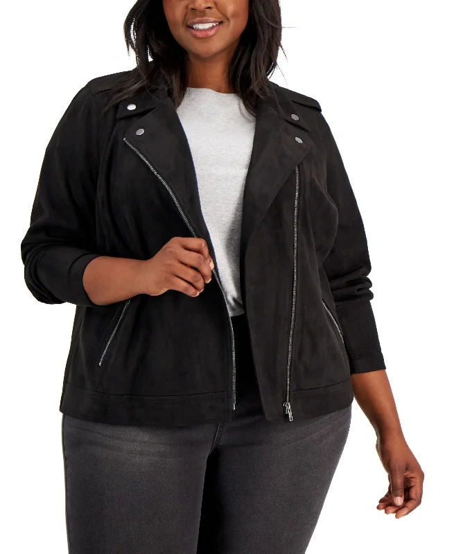 Style & Co Plus Size Faux Suede Moto Jacket Notch Collar Peter Pan Collar Cowl Neck