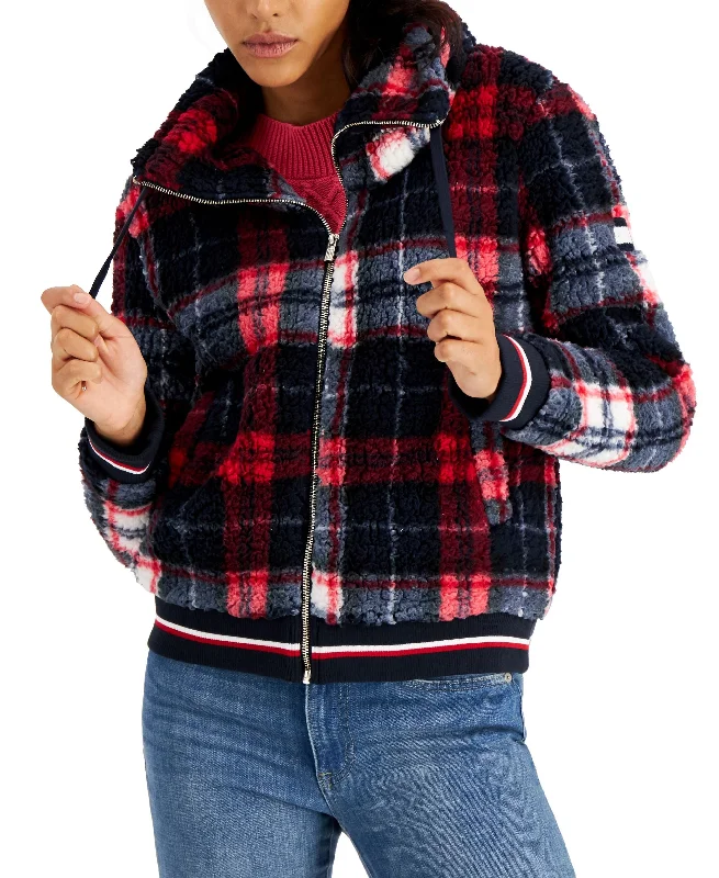 Tommy Hilfiger Womens Plaid Zip-Up Sherpa Jacket Herringbone Jacket Checkered Jacket Solid Jacket
