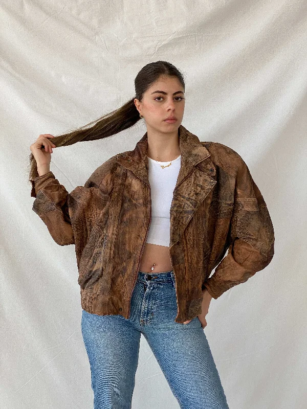 Statement Vintage 90s Distressed Brown Bomber Leather Jacket - L Appliqued Jacket Beaded Jacket Sequined Jacket