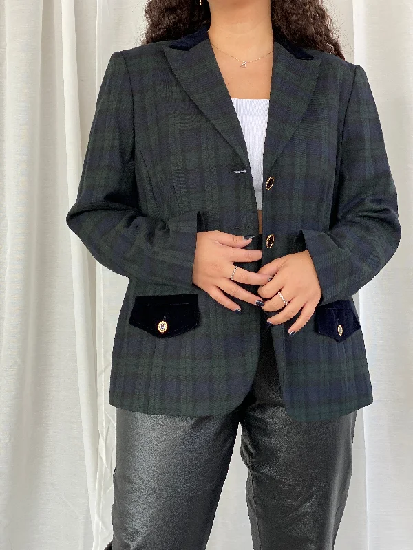 Vintage Fair Lady Preppy Plaid Velvet Collar Blazer Jacket Suit - XL Hoodie Zip-Up Jacket Button-Up Jacket