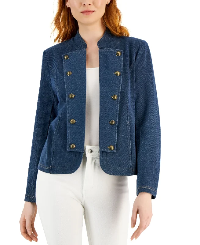 Women's Knit Denim Band Jacket Boat Neck Shawl Collar Notched Collar