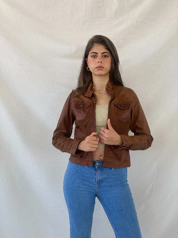 00s Next Genuine Leather Brown Jacket - S Print Jacket Jacquard Jacket Patchwork Jacket