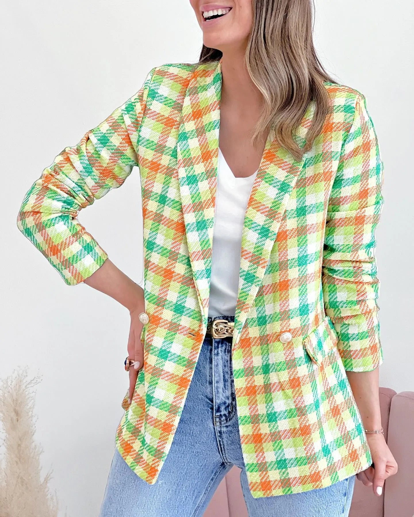Autumn Winter Women Fashion Casual Plaid Long Sleeve Pocket Printed Double-Breasted Suit Jacket Blazers Corduroy Jacket Velvet Jacket Brocade Jacket