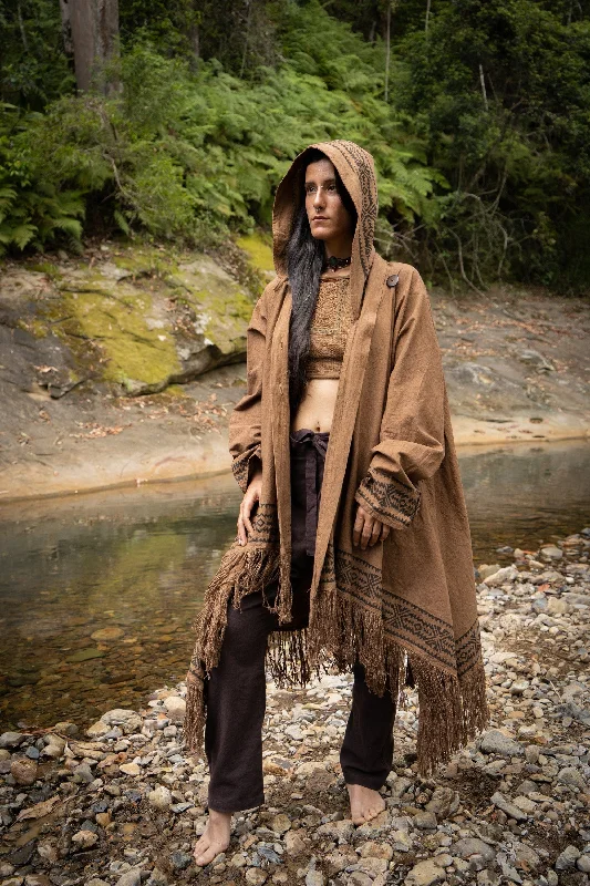 JUBBA Brown Womens Hooded Cloak Long Sleeve Poncho Jacket Festival Tribal Dystopian Apocalyptic Block Printed Steampunk Handmade Dune AJJAYA Rayon Fabric Velvet Fabric Corduroy Fabric