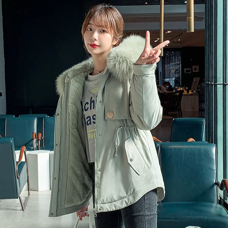 Large Fur Collar Down Jacket Parker Coat Loose Coat Toggled Jacket Drawstring Jacket Belted Jacket
