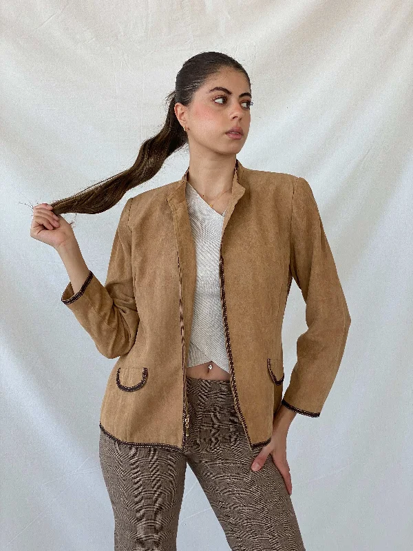 Perceptions New York Beige Fitted Zip Up Brown Trim Light Jacket - L Nylon Jacket Polyester Jacket Spandex Jacket