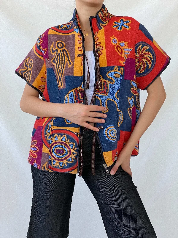 Quilted Japanese Bolero Kimono Ethnic Tribal Multicolor Jacket - L Wool Jacket Cashmere Jacket Tweed Jacket