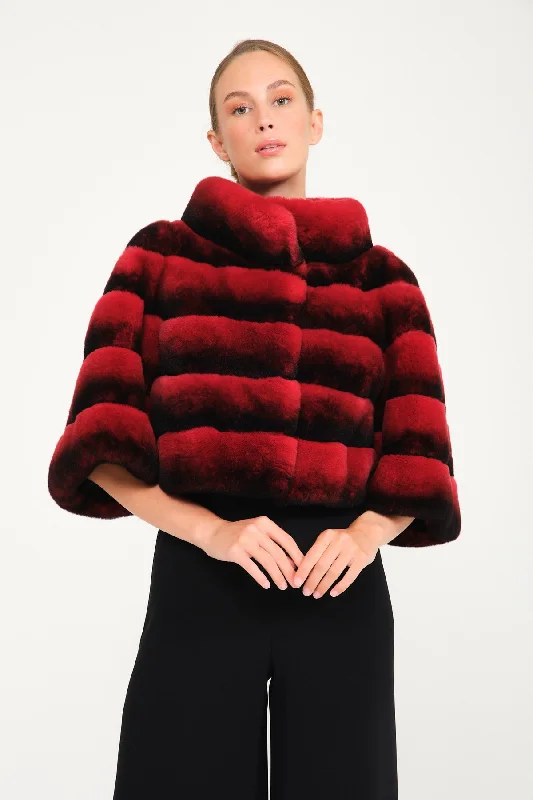 Red Chinchilla Pattern Rex Fur Jacket Denim Jacket Leather Jacket Suede Jacket
