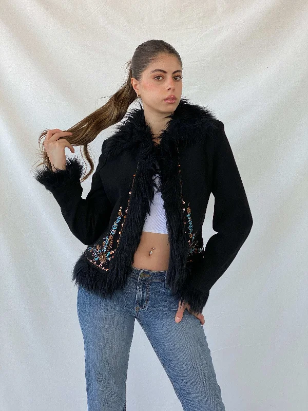Vintage Favori Sequin Embroidered Faux Fur Afghan Black Jacket - M Trench Coat Raincoat Waterproof Jacket