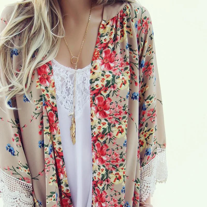 Women Chiffon Vintage Floral Loose Shawl Kimono Cardigan Boho Coat Jacket Blouses Tiered Jacket Buttoned Jacket Zippered Jacket