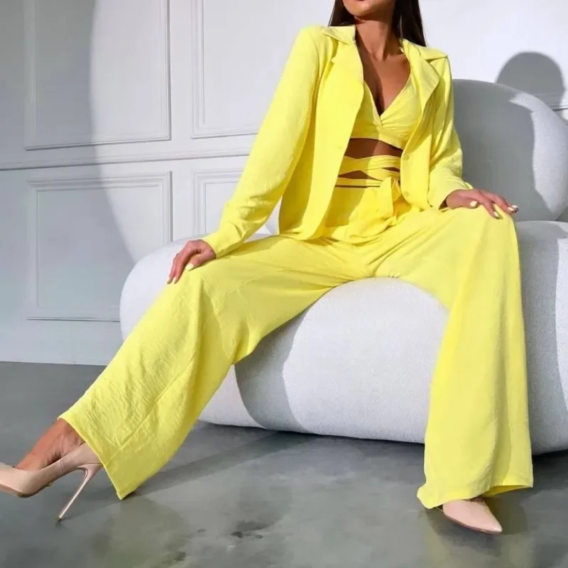 Women Fashion Casual Solid Color Camisole Top Suit Jacket Pants Three-Piece Set Satin Jacket Silk Jacket Chiffon Jacket