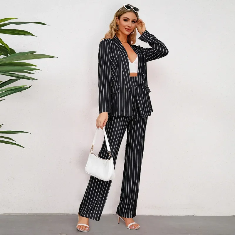 Women Fashion Casual Stripe Suit Jacket Straight Wide Pants Two-Piece Set Front Pockets Side Pockets Patch Pockets
