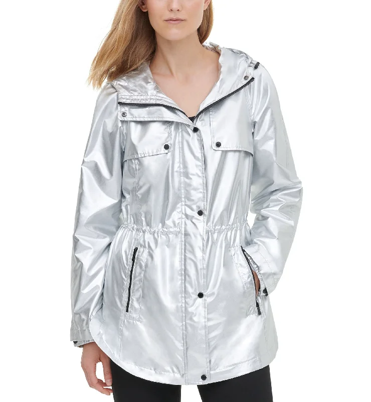 Calvin Klein Metallic Hooded Anorak Jacket Notch Collar Jacket Peter Pan Collar Jacket Cowl Neck Jacket