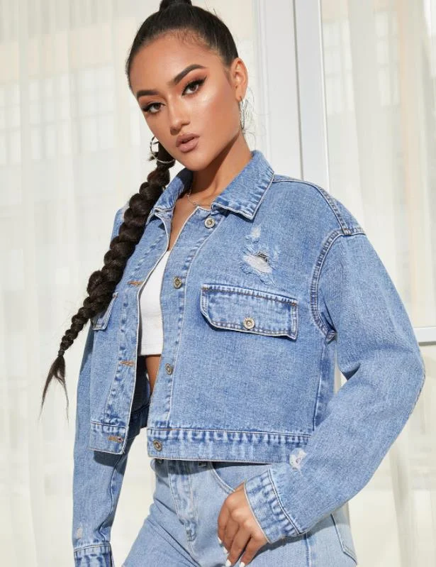 European Style Pure Color Hollow Out Denim Jeans Jacket Insulated Jacket Fitted Jacket Loose Jacket European Style Pure Color Hollow Out Denim Jeans Jacket Insulated Jacket Fitted Jacket Loose Jacket