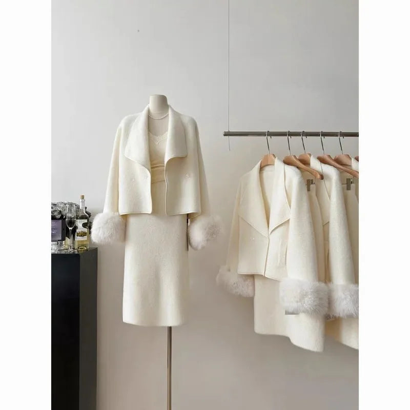 Fashion Imitation Mink Fur Jacket Skirt Two-piece Set Women Celebrity Lapel Plush Splice Soft Temperament Solid Slim Winter Suit Herringbone Jacket Houndstooth Jacket Plaid Jacket Fashion Imitation Mink Fur Jacket Skirt Two-piece Set Women Celebrity Lapel Plush Splice Soft Temperament Solid Slim Winter Suit Herringbone Jacket Houndstooth Jacket Plaid Jacket